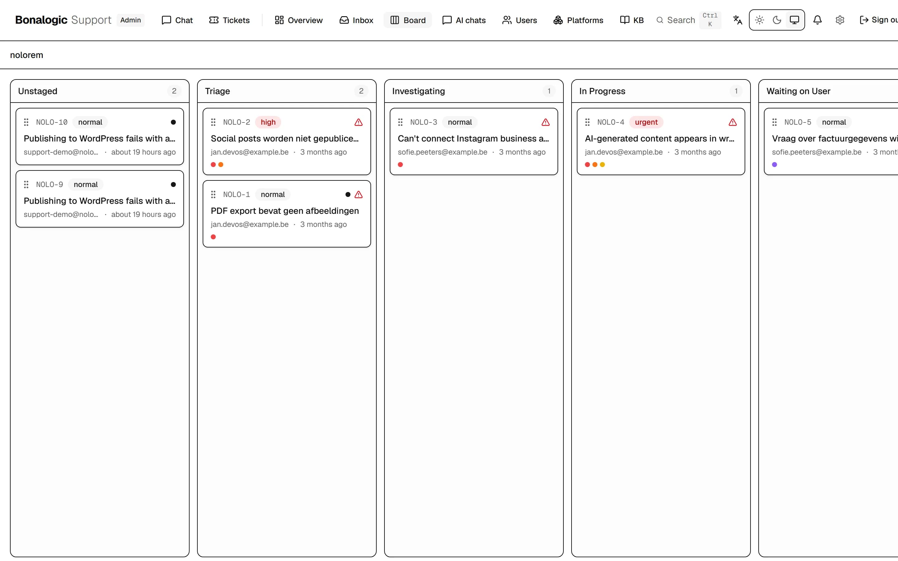 Das Ticket-Board mit Spalten von Unstaged und Triage über Investigating und In Progress bis Waiting on User, jedes Ticket mit Nummer, Priorität und Kunde.