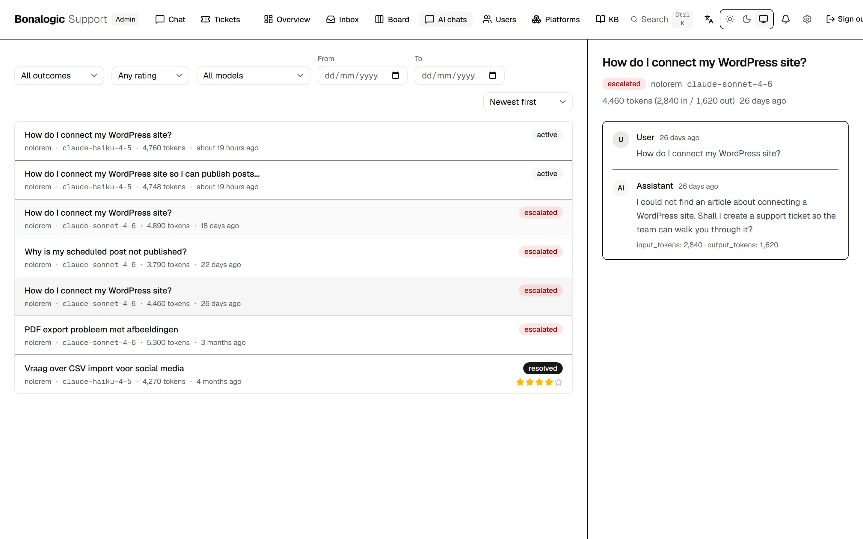 Die Liste der Gespräche mit dem Assistenten, mit Ausgang, Modell und Bewertung, und rechts ein Gespräch, in dem der Assistent keinen Artikel findet und anbietet, ein Ticket zu öffnen.