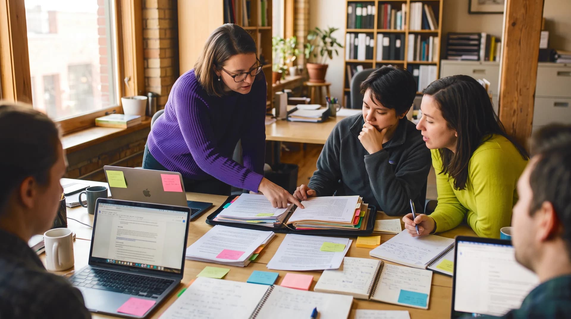 Team collaborating around desk with documents and laptops, building an AI knowledge base system