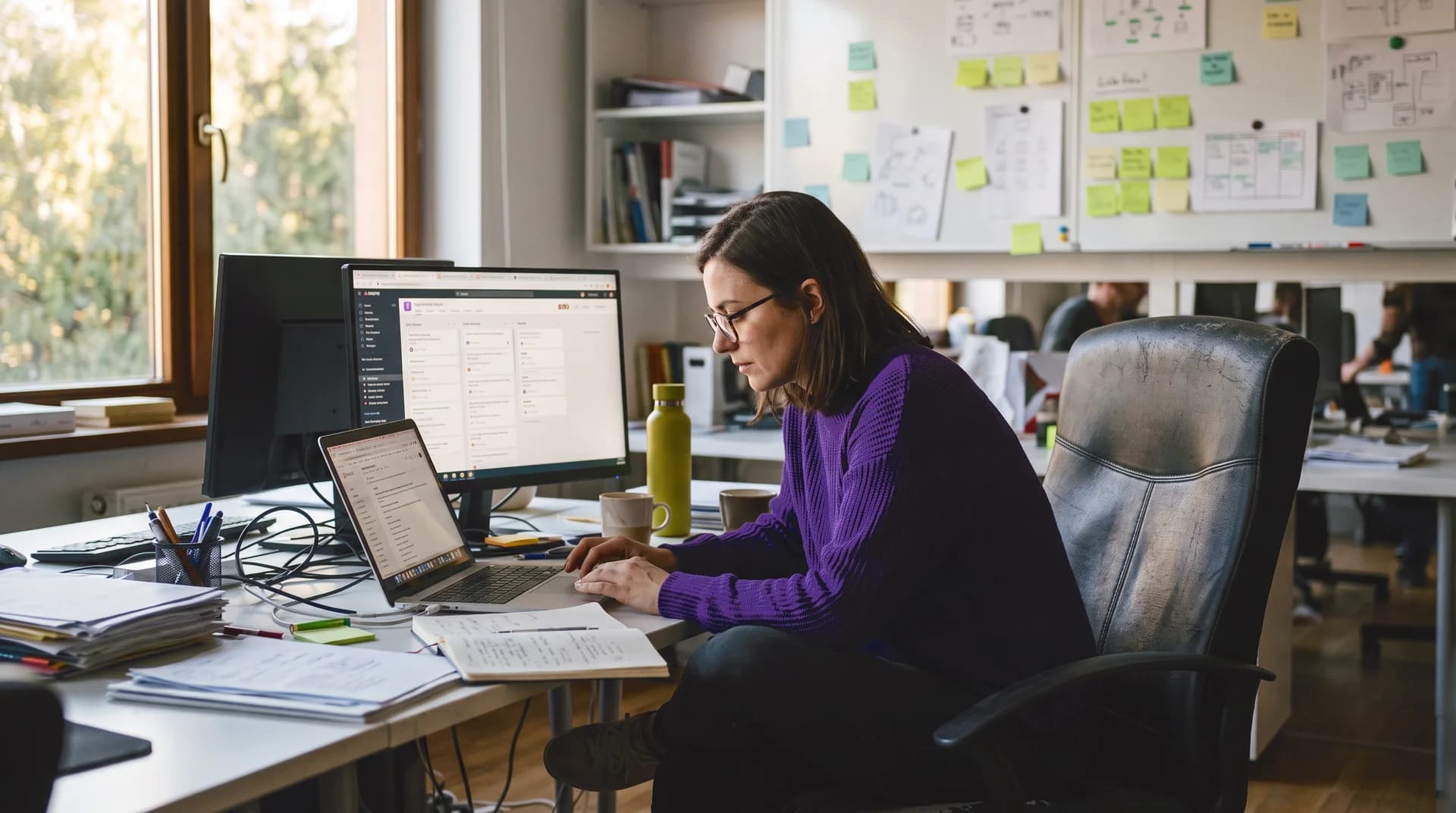 Marketingmanager werkt met AI-marketingtools op meerdere schermen aan een bureau in een modern kantoor