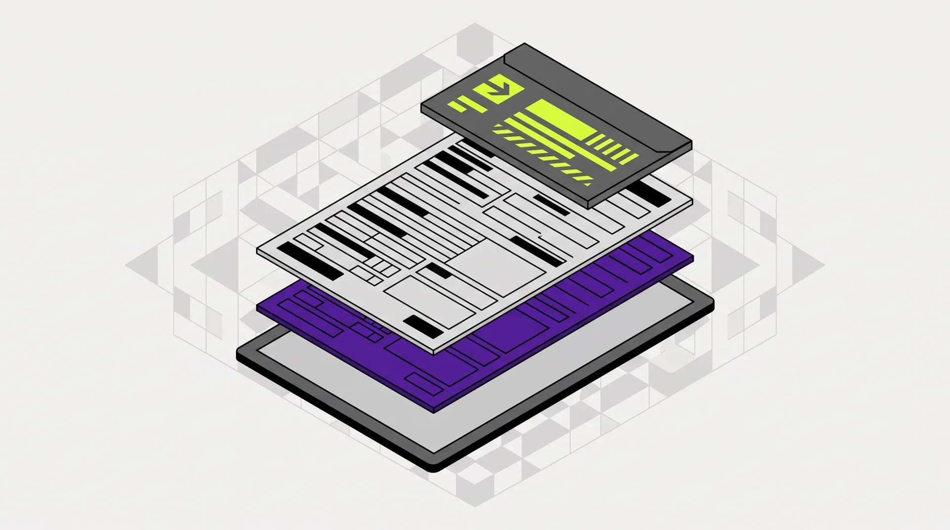 Flat isometric technical diagram of a citation slip document, cutaway view revealing three to four layered structural