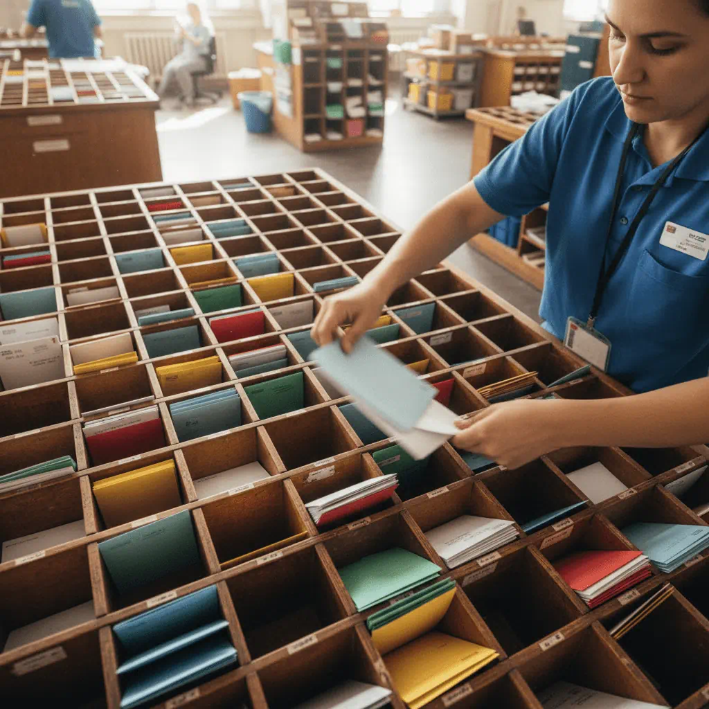 overhead-view-postal-worker-sorting-mail-into-organized-cubbies